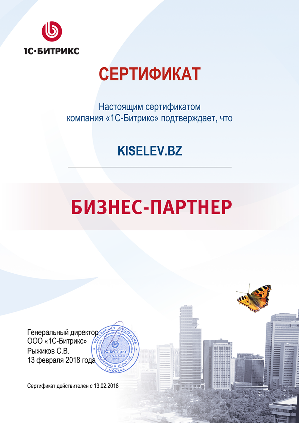 Сертификат партнёра по СРМ системам в Лесозаводске